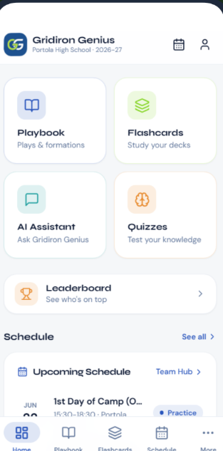 Gridiron Genius app home screen showing Playbook, Flashcards, AI Assistant, Quizzes, and the team leaderboard